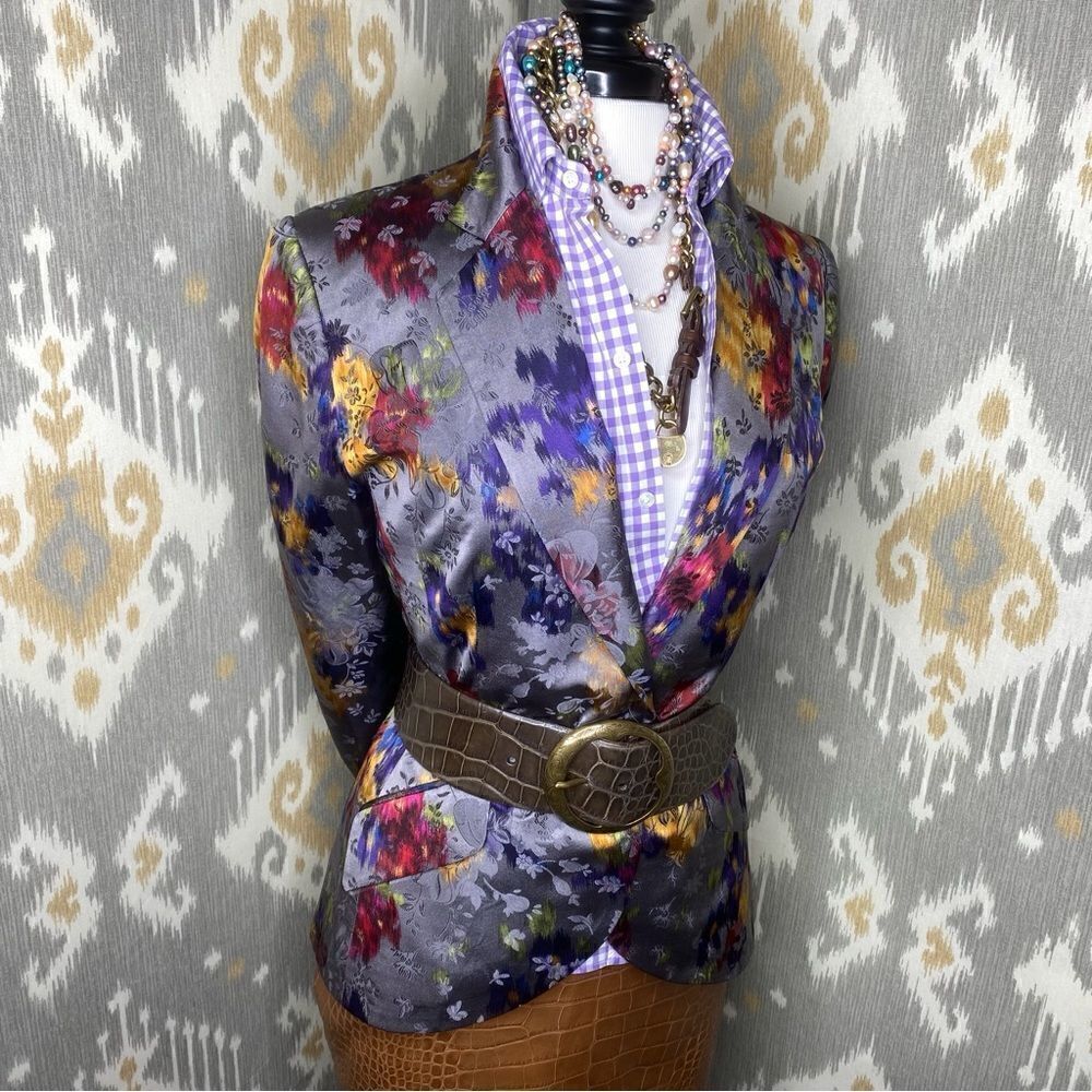 Ralph Lauren Watercolor Multicolored Floral Gray Silk Jacquard Dinner Jacket